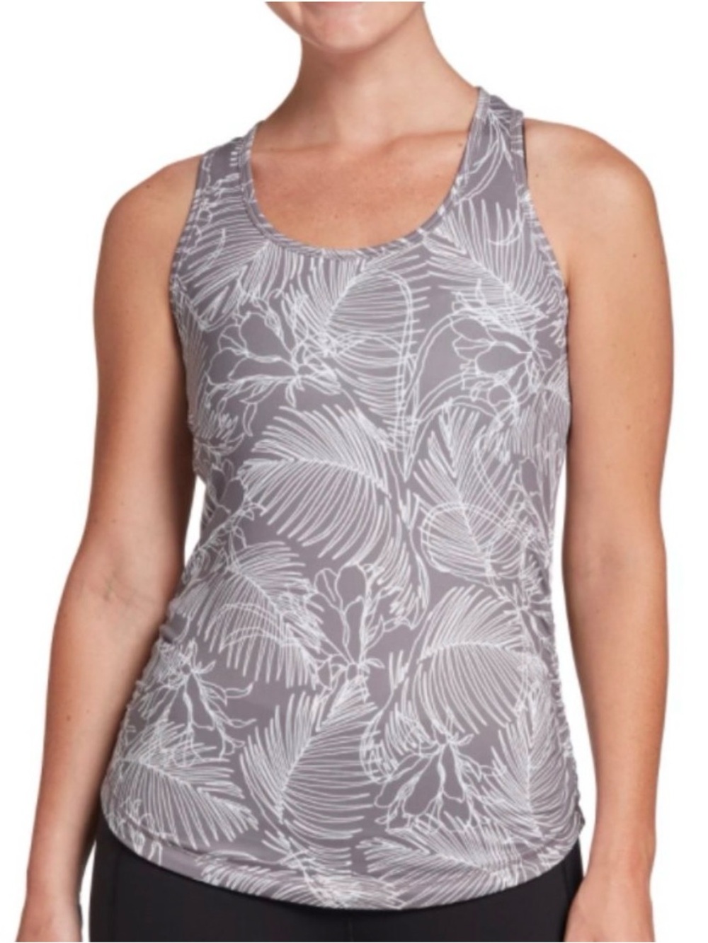 CALIA by Carrie Underwood Tropical Print Mesh Ruched Sleeveless Workout Top